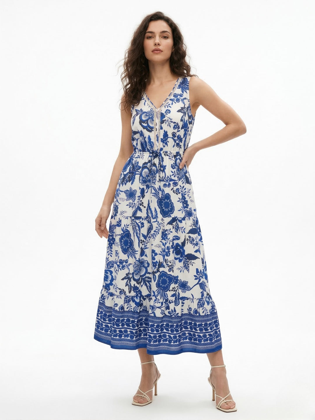 Blue V Neck Printed Dress
