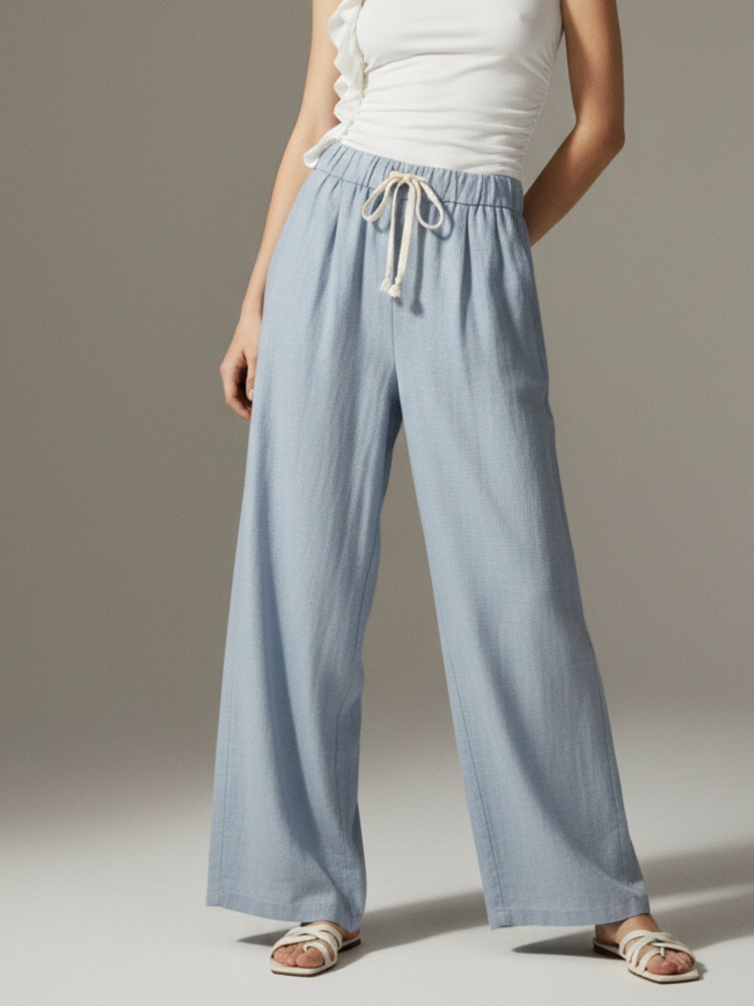 Blue High Waist Drawstring Attached Pleated Pant