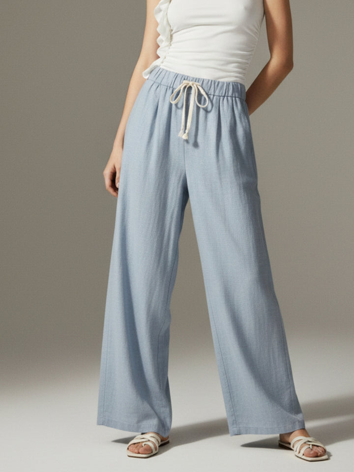 Blue High Waist Drawstring Attached Pleated Pant