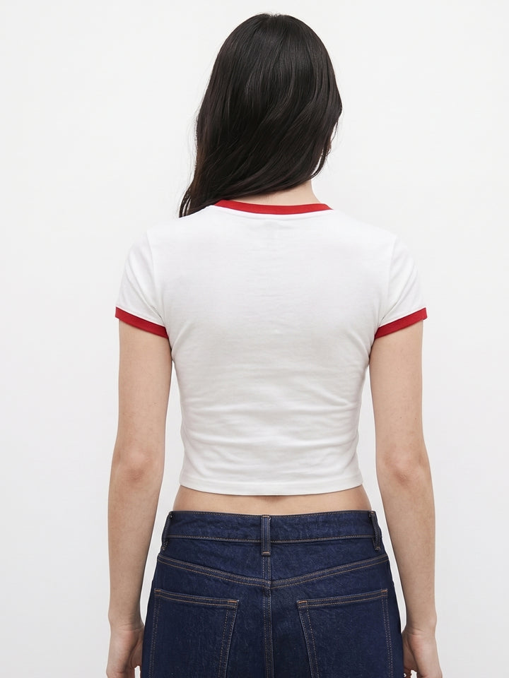 White Contrast Tipping Ringer Graphic T-Shirt