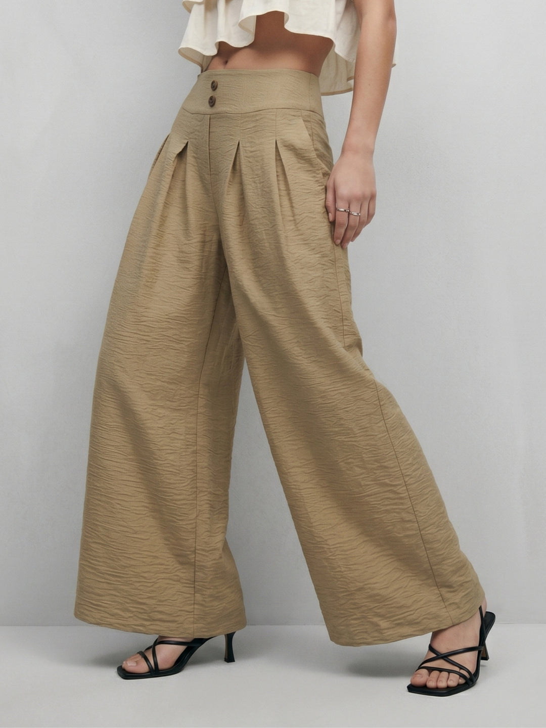 Beige Double Pleated Wide Leg Pant