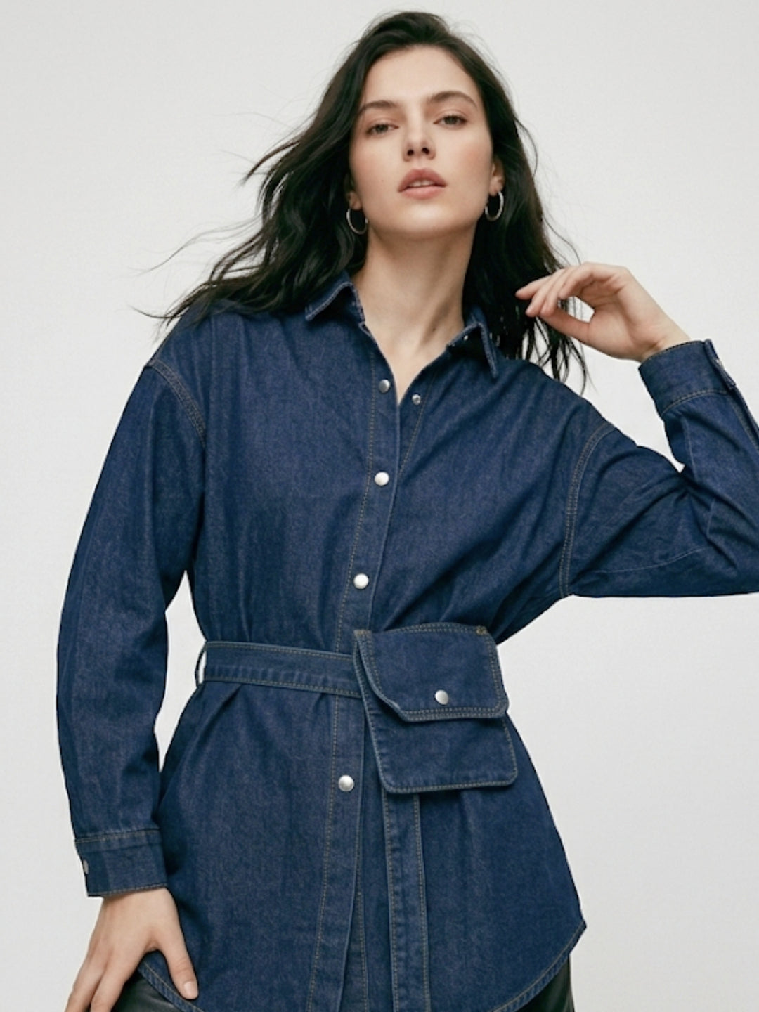 Navy Blue Oversized Shirt With Belt Pocket