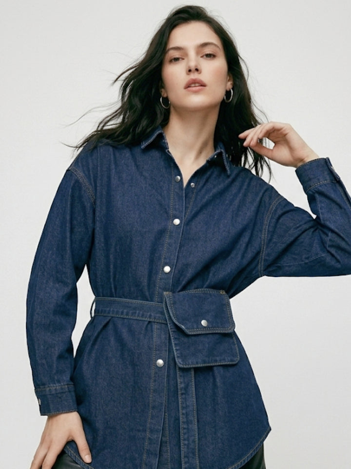 Navy Blue Oversized Shirt With Belt Pocket