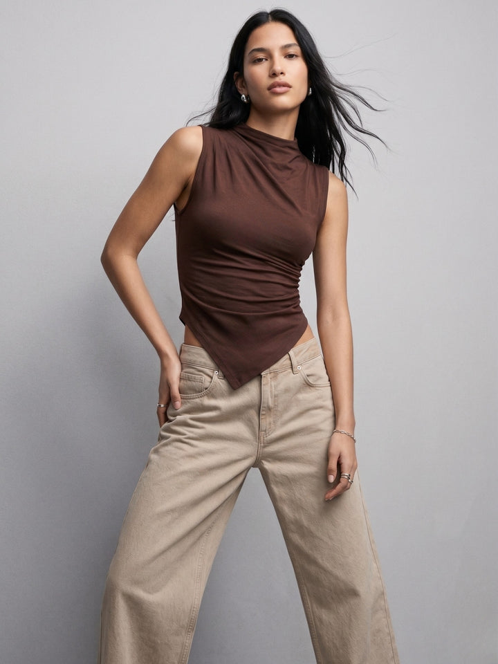 Brown Sleeveless Asymmetrical Hem Top