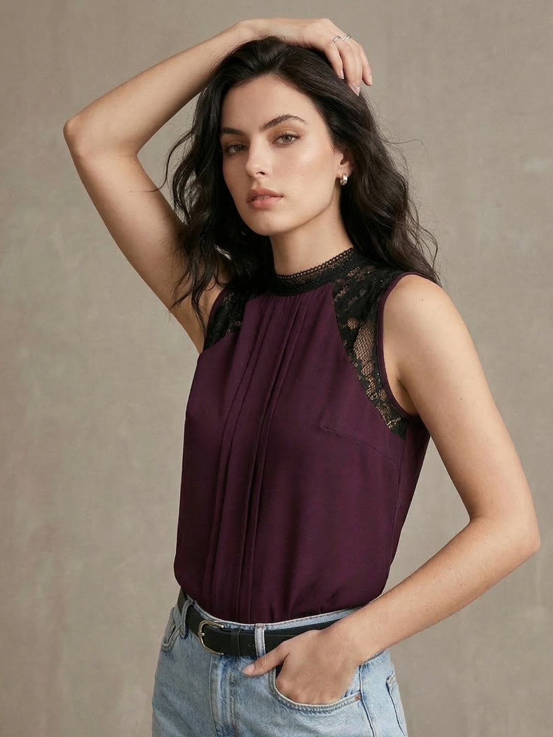 Wine Lace Sleeve Detail  Blouse