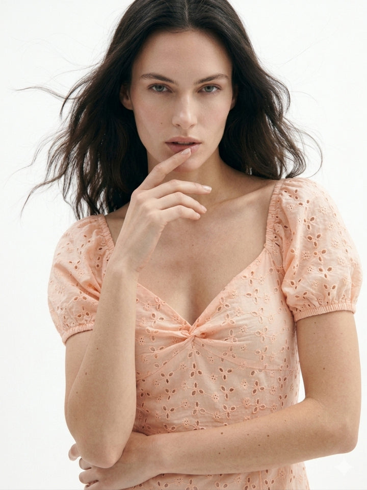 Peach Sweetheart Neck Schiffli Dress