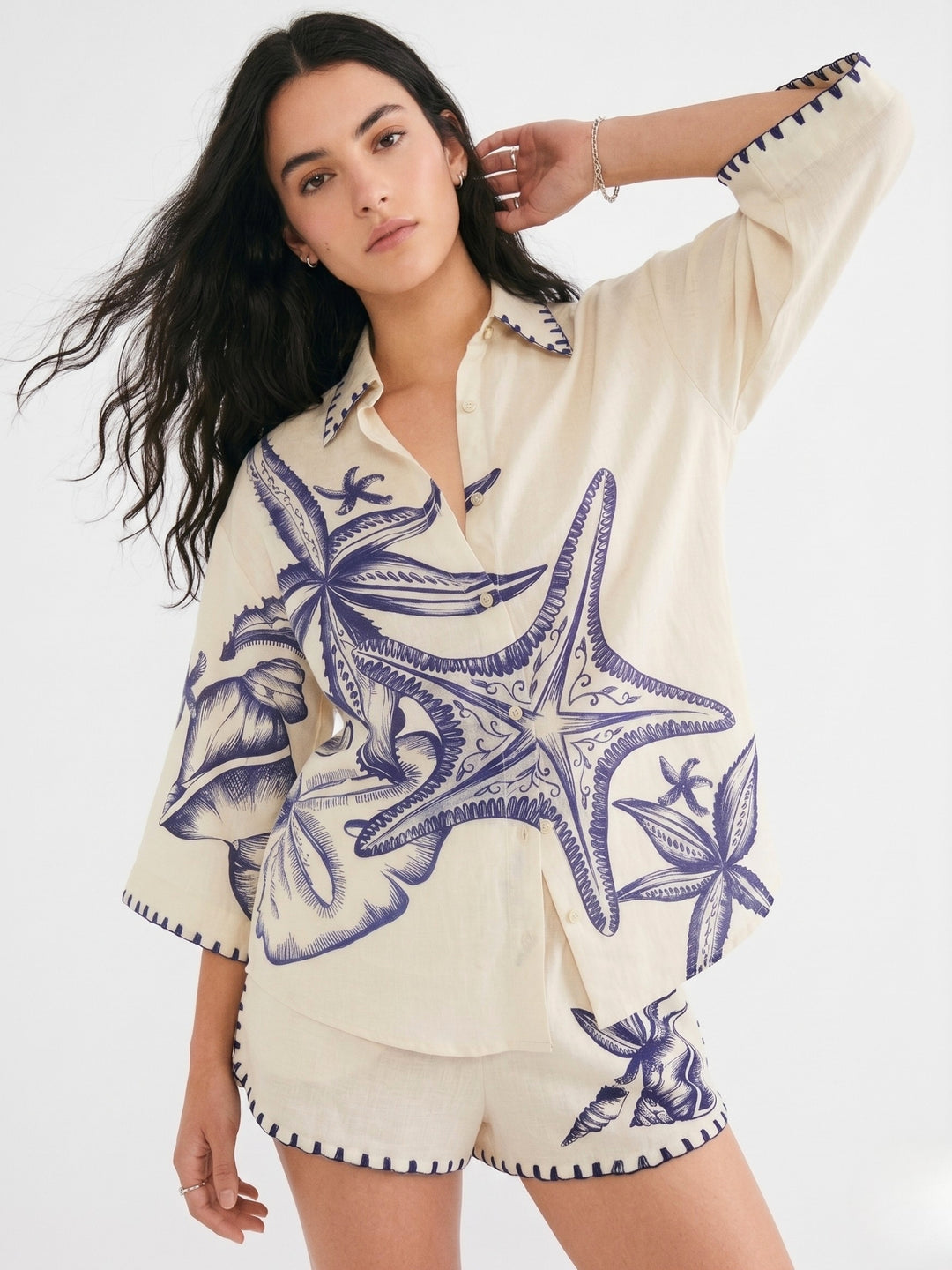 Cream Printed Contrast Hem Shirt And Shorts Set