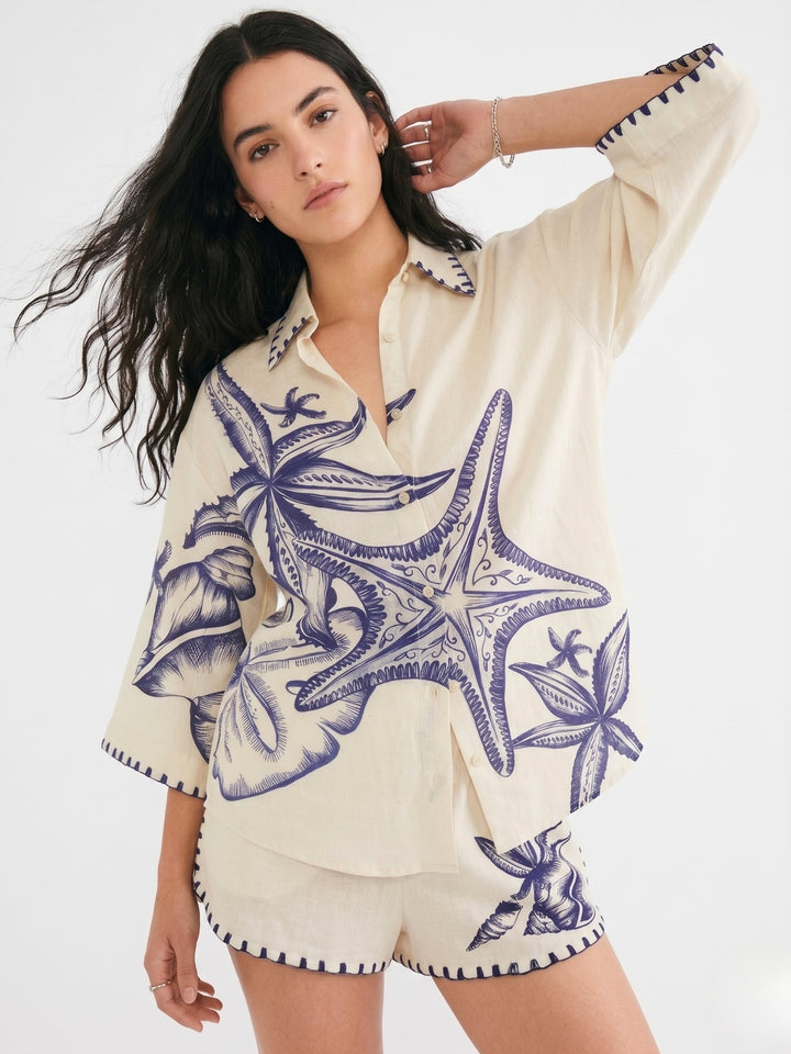 Cream Printed Contrast Hem Shirt And Shorts Set