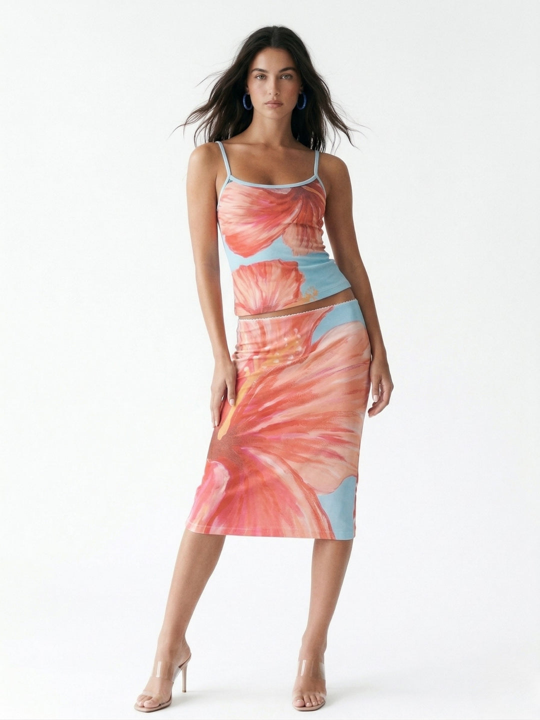 Multi Spaghetti Strap Floral Printed Top And Skirt Set