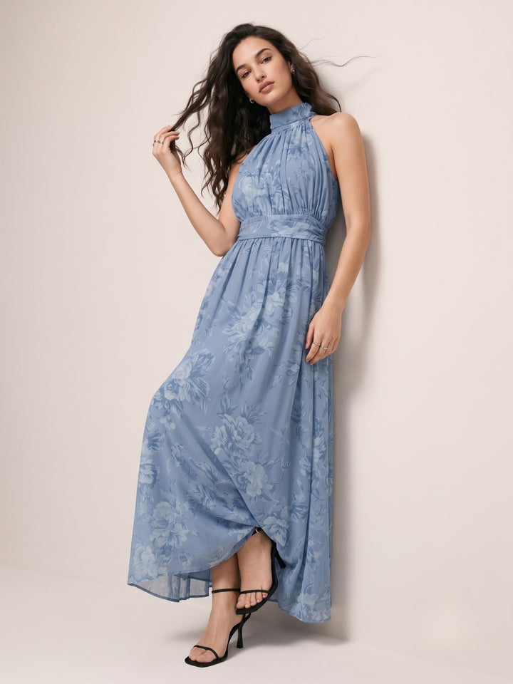 Blue Halter Neck Printed Dress With Cinched Waist