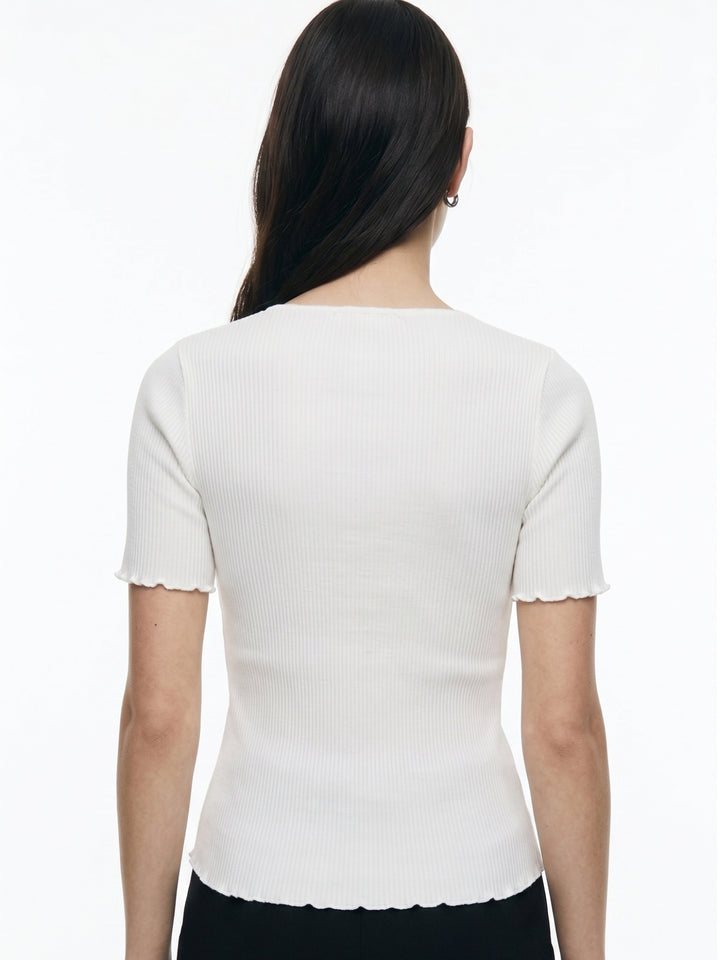 White Collared V Notch Top With Lace Inserts