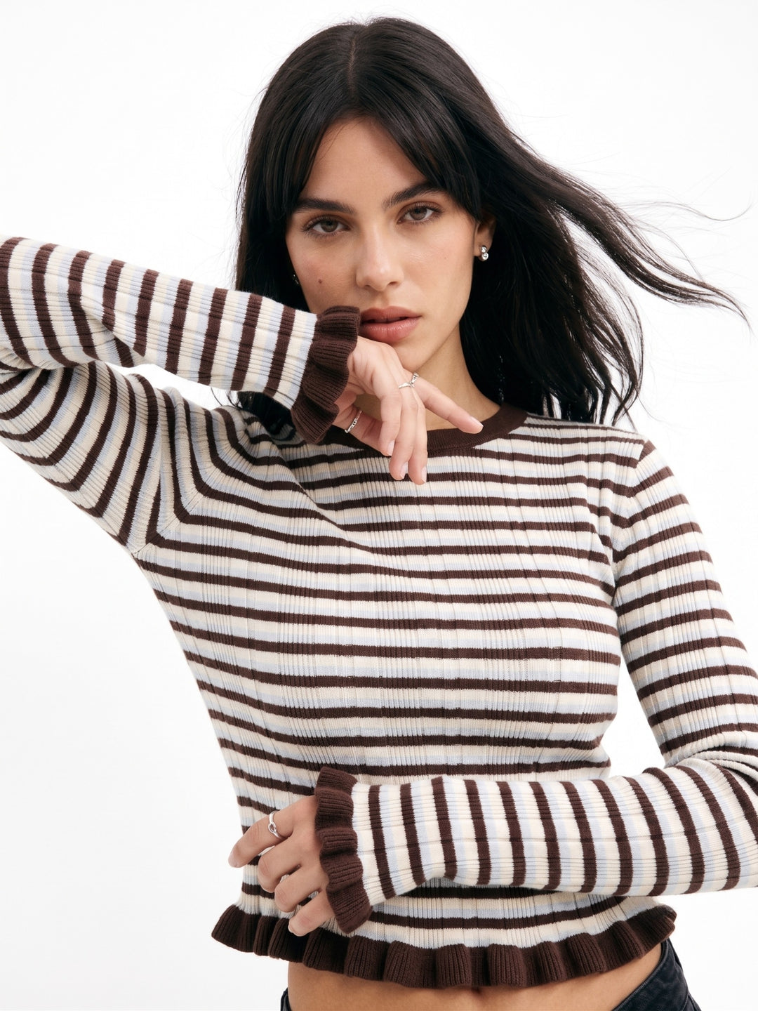 Multi Crew Neck Striped Textured Top