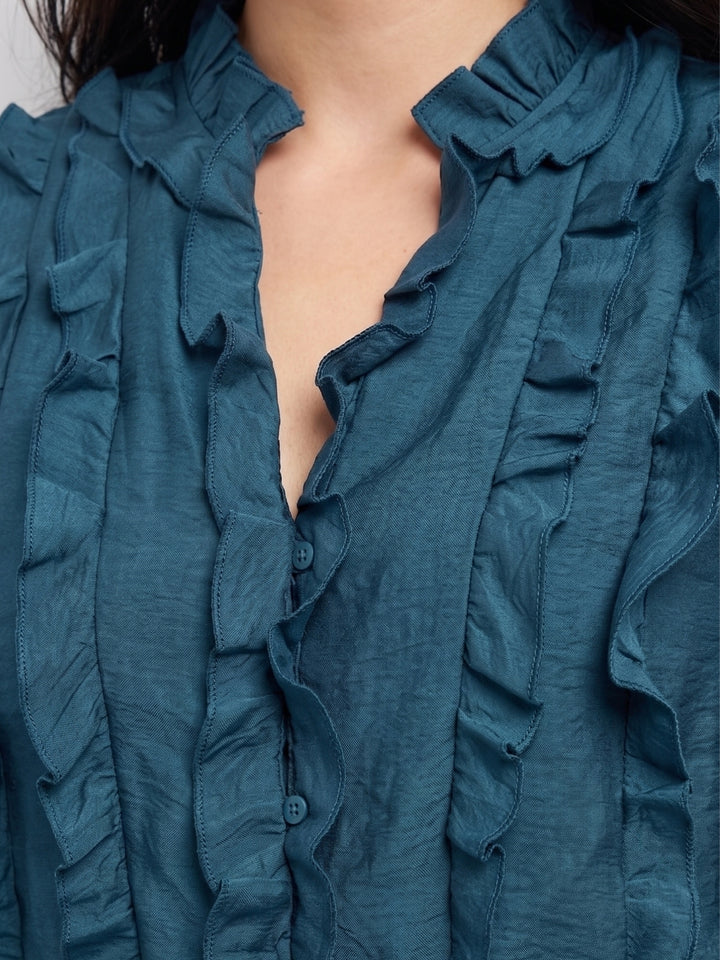 Teal Soft Ruffle Front Button Down Shirt