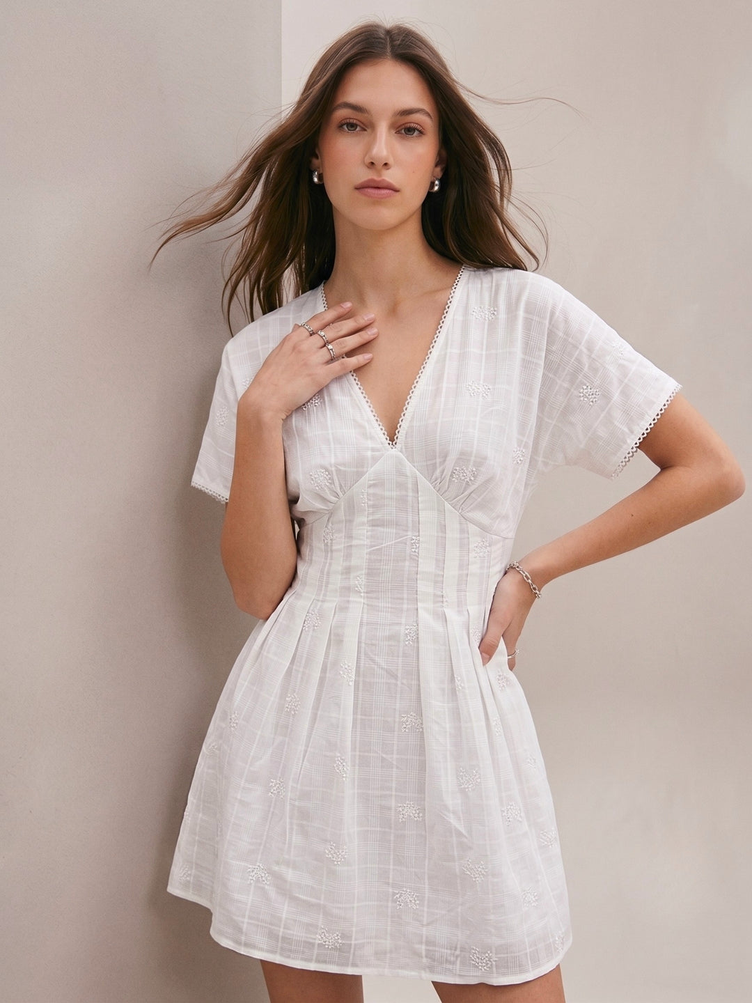 White Fit And Flare Mini All Over Embrodiery Mini Dress