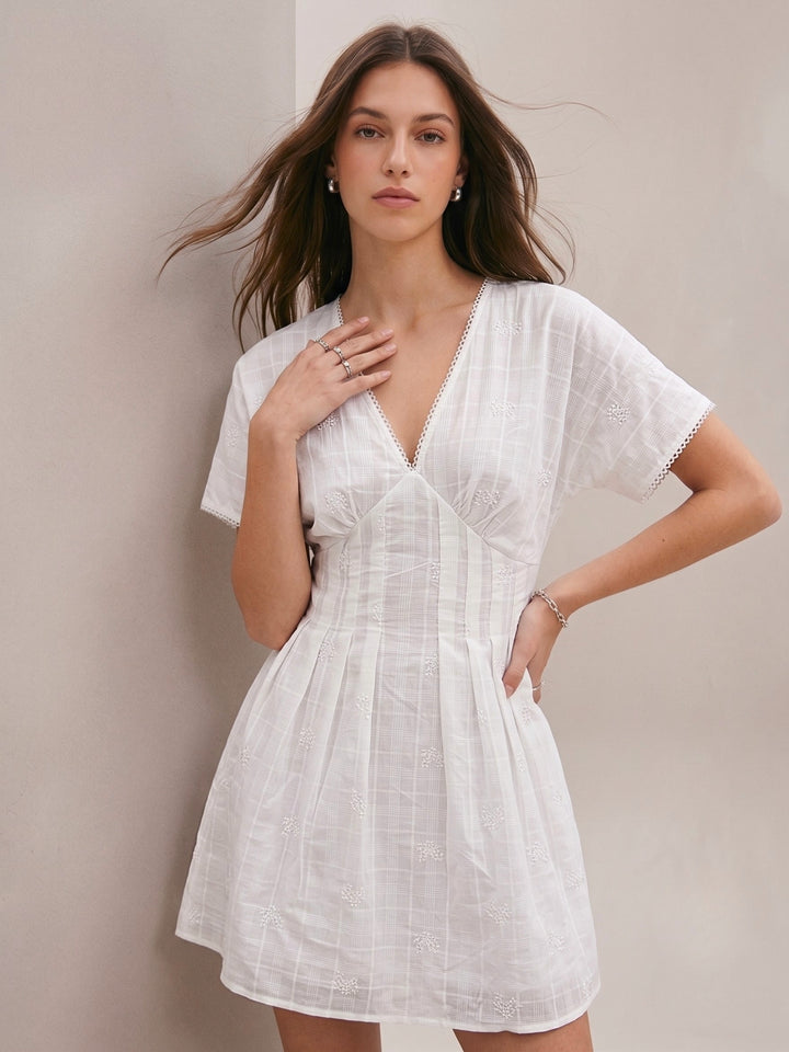 White Fit And Flare Mini All Over Embrodiery Mini Dress