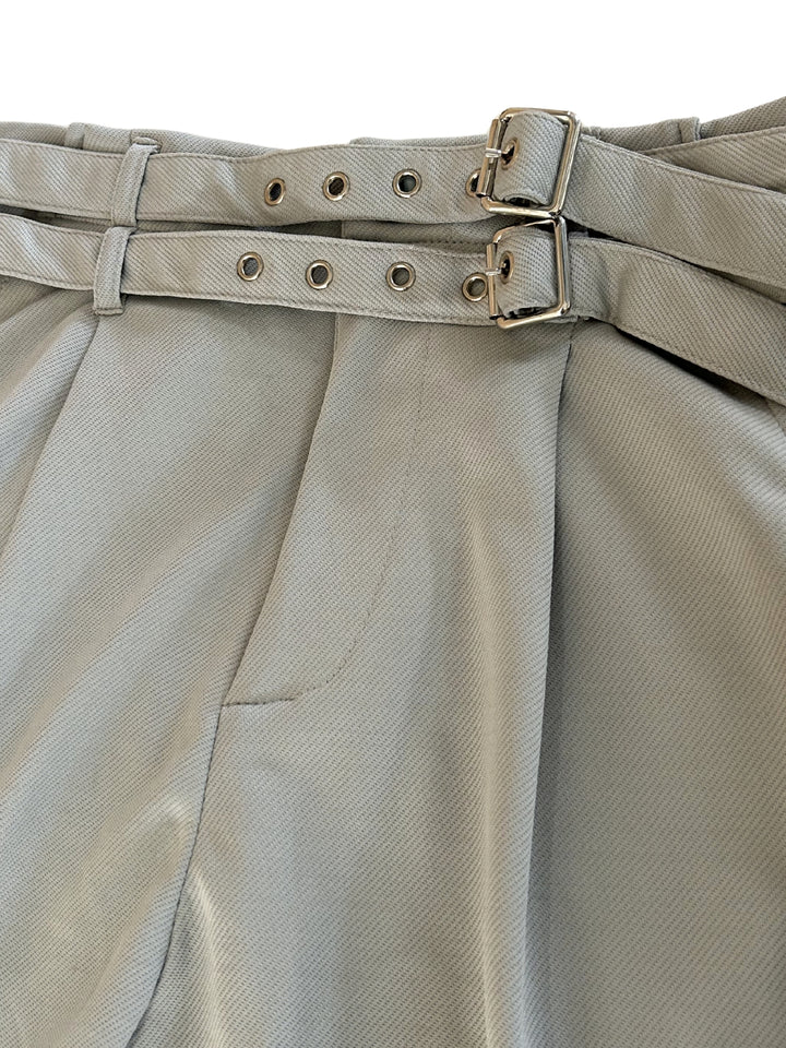 Grey Wide-Leg High-Waist Trousers With Dual Belt Details