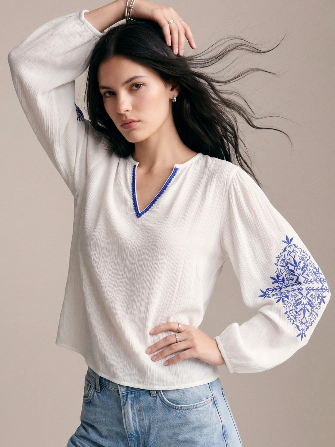 White Puff Sleeve Embroidered Blouse