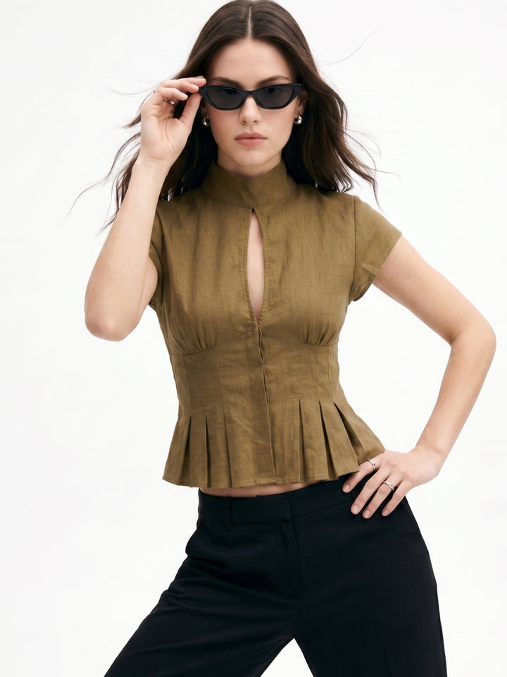 Tan Waist Fitted Neck Bow Tie-Up Top