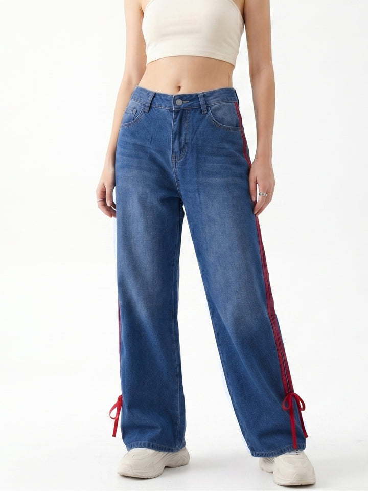 Navy Blue Contrast Detail Wide Leg Jeans
