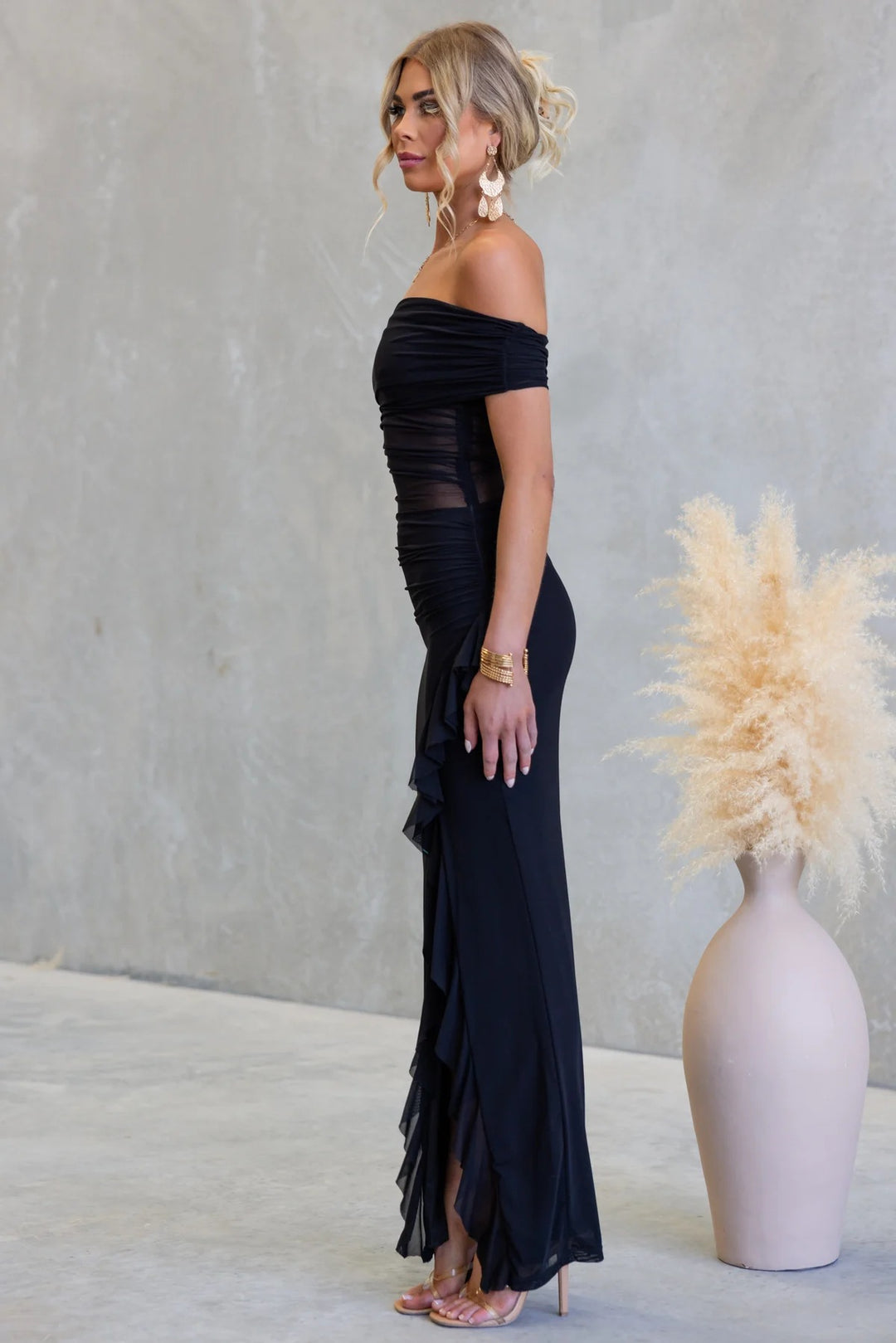 Black Off Shoulder Mesh Ruffle Detail Dress