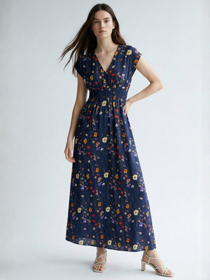 Blue Short Sleeve V Neck Floral Dress
