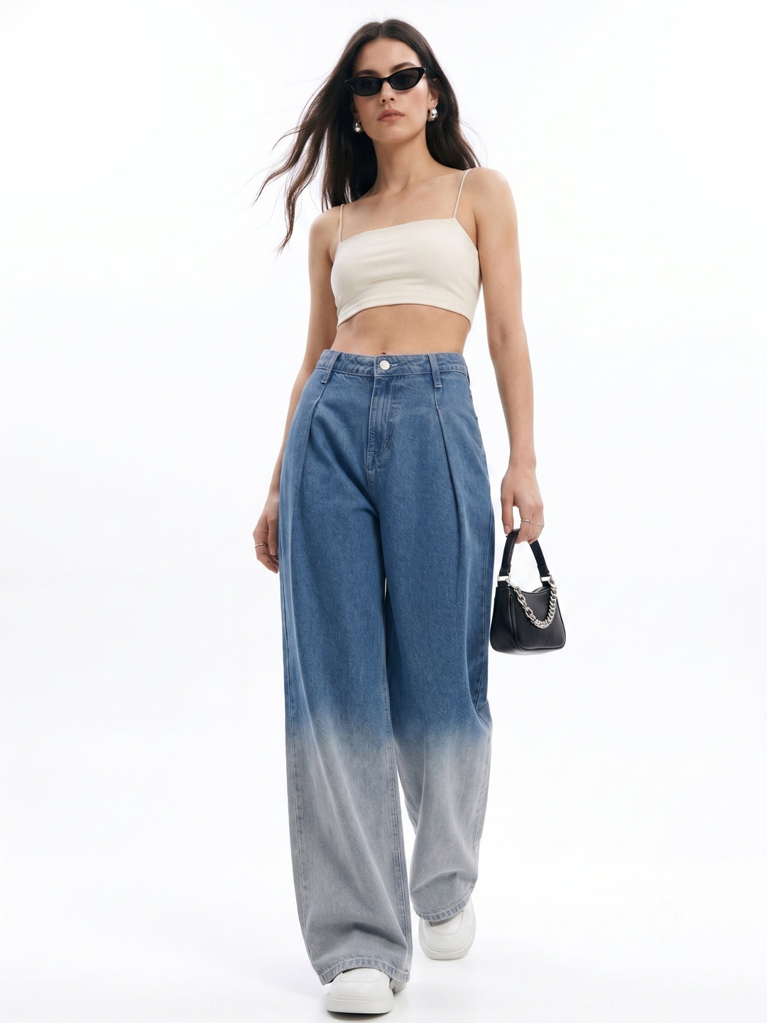 Light Blue High-Rise Light Blue Pleated Wide Leg Jeans