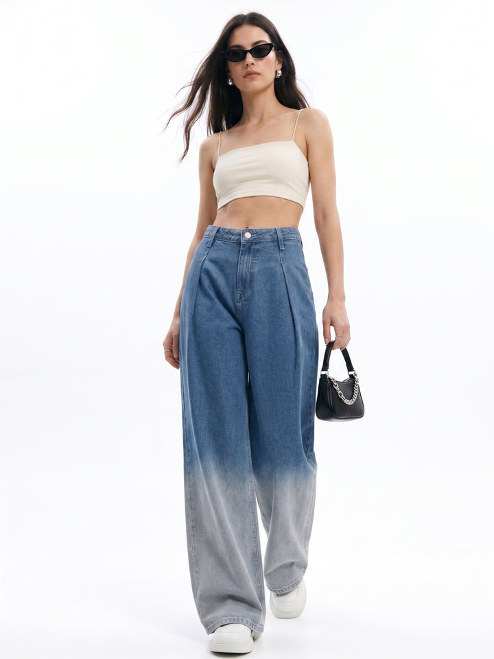 Light Blue High-Rise Light Blue Pleated Wide Leg Jeans