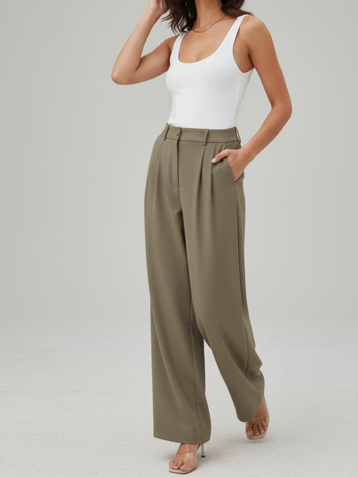 Beige Wide Leg Pleated Pants