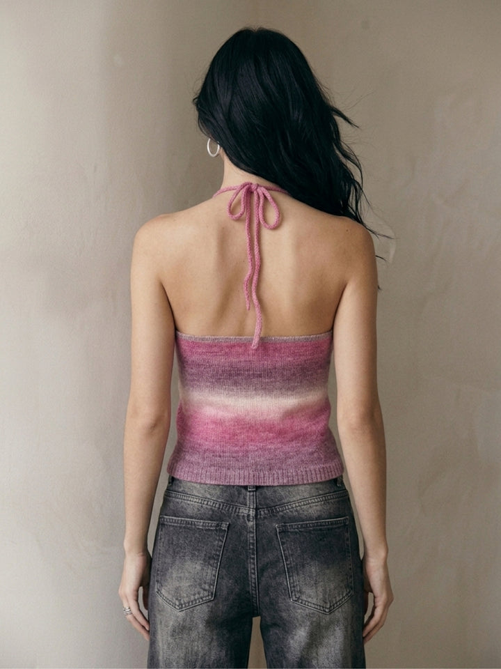 Pink Halter Neck Ombre Striped Relaxed Top