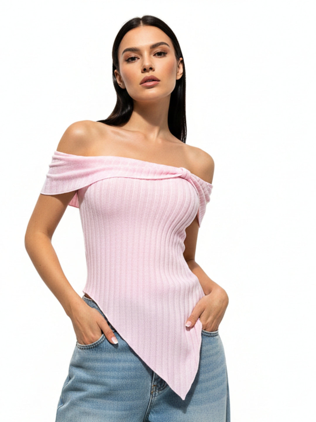 Pink Off Shoulder Asymmetrical Hem Top
