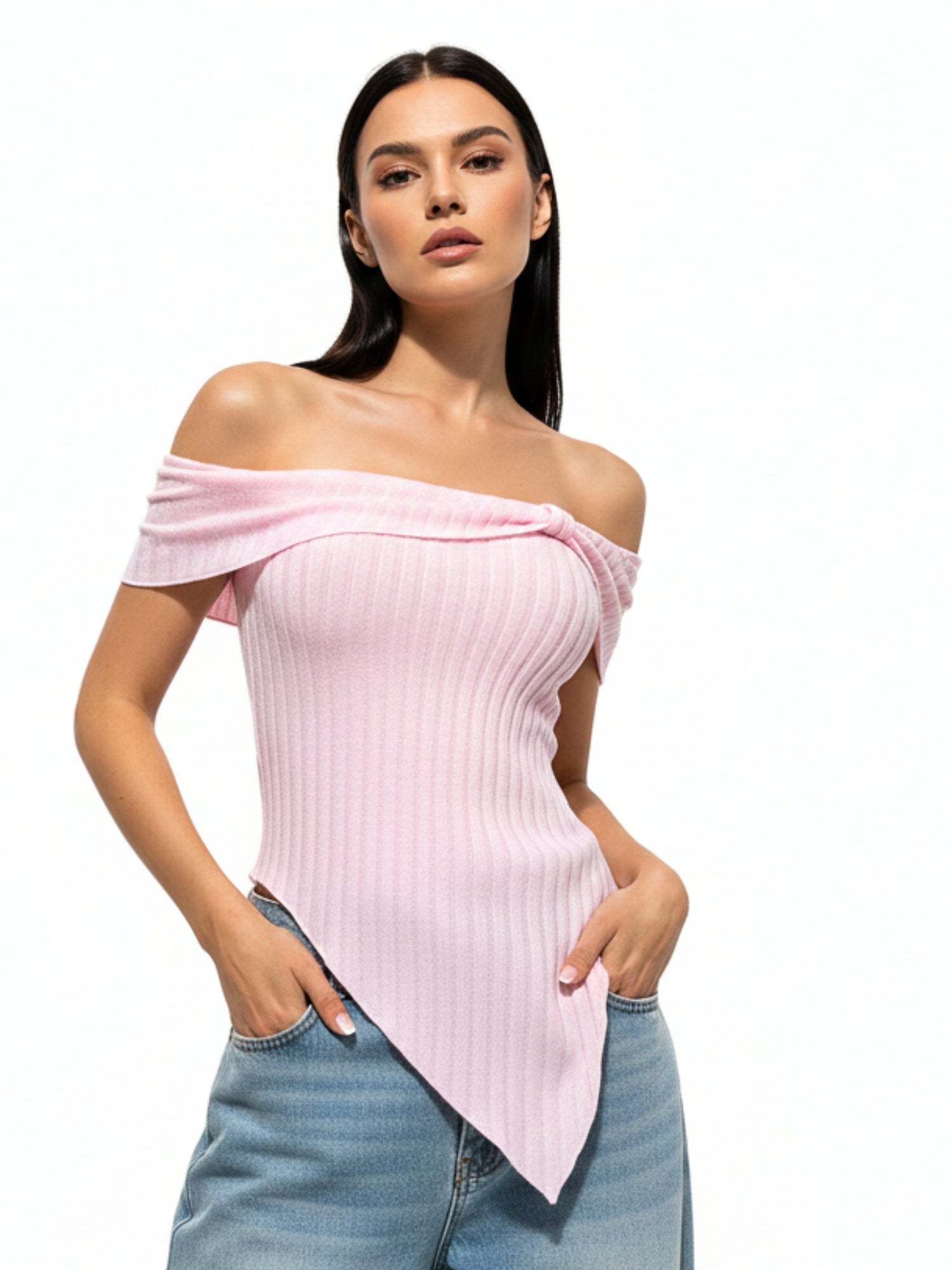 Pink Off Shoulder Asymmetrical Hem Top