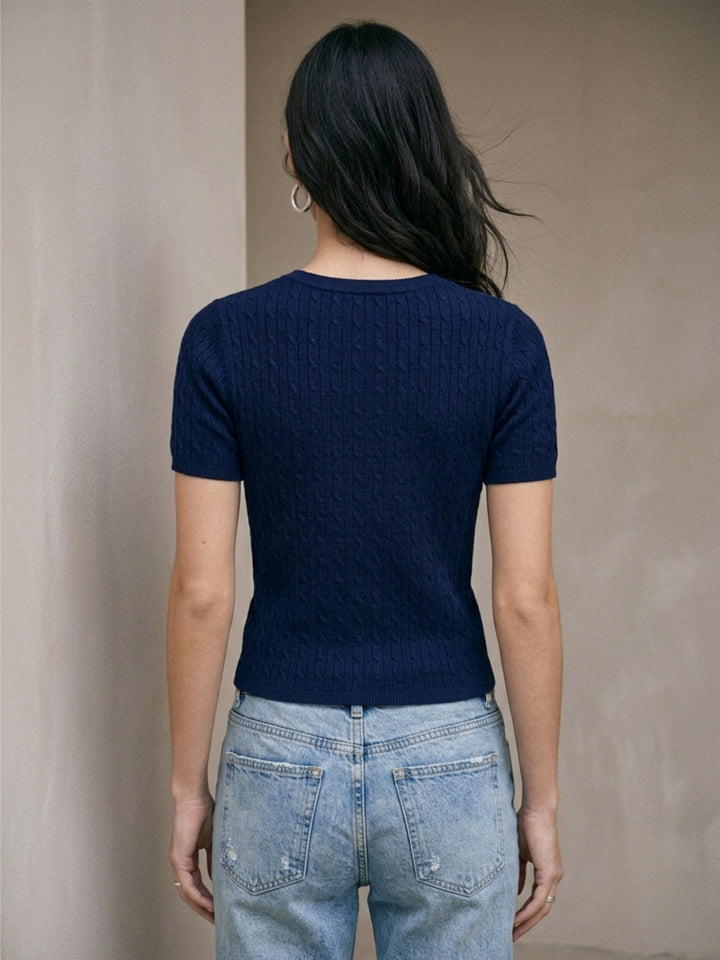 Navy Blue Cable Textured Button Down Top