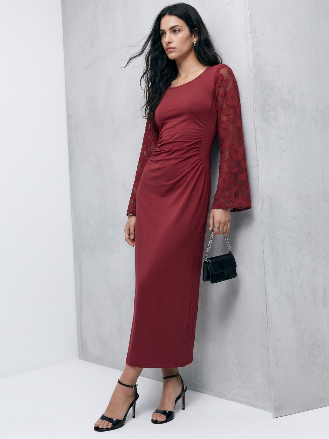 Maroon Bell Sleeve Scoop Neck Lace Detail Dress