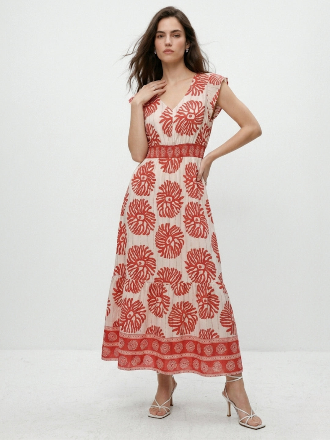 Red Flare Sleeve Printed Dress