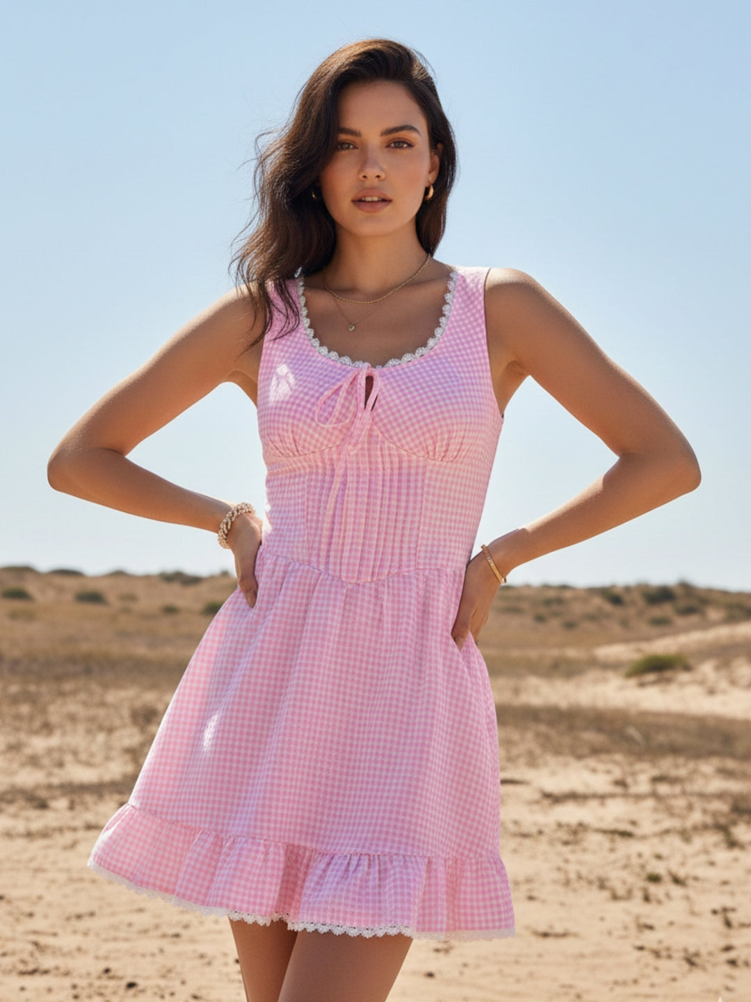Pink Patterned Bustier Dress With Frilled Hem