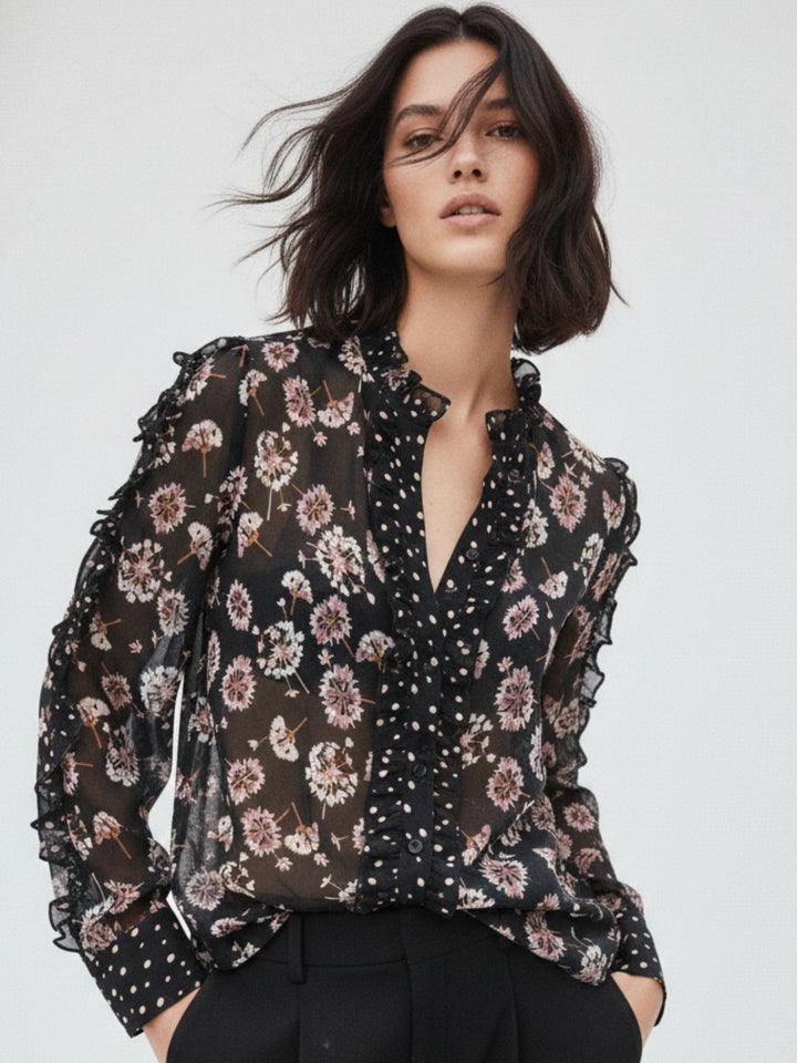 Black Printed Deep-V Top
