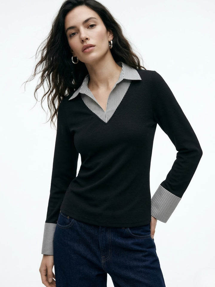 Black Full Sleeve Contrast Collar Fitted Top
