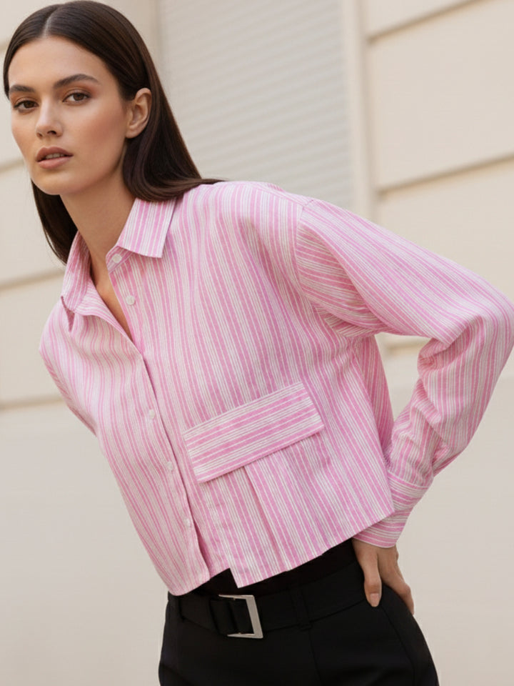 Pink Cropped Boxy Shirt With Large Pocket Detail