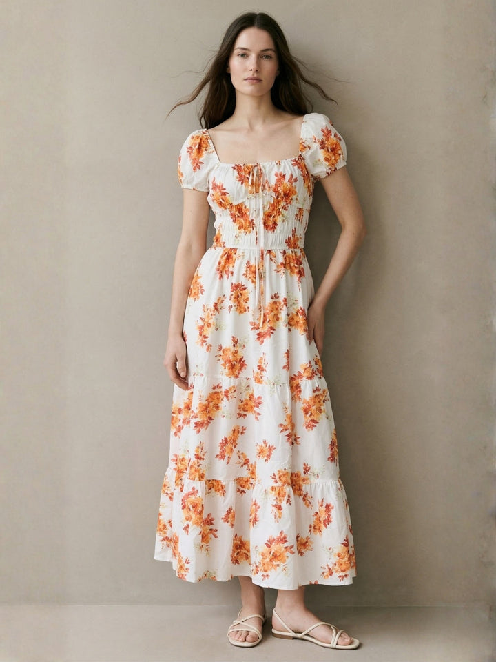 Yellow Floral Printed Flared Dress