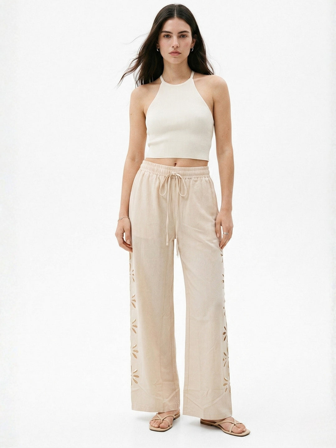 Beige Floral Cut-Out Pant