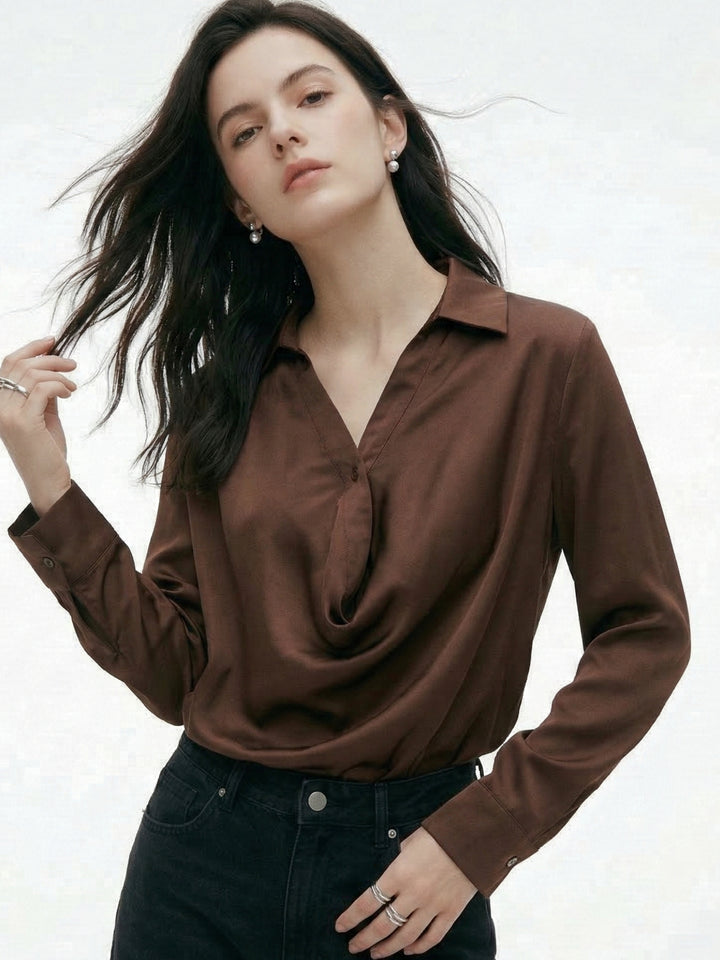Brown Half Button Down Cowl Neck Top