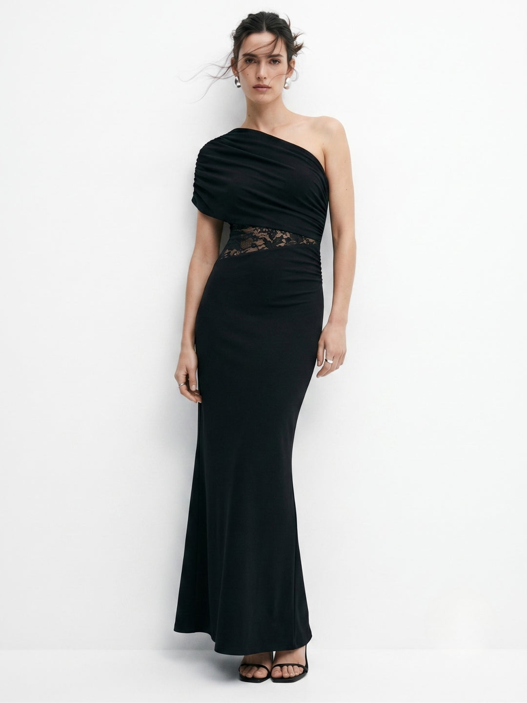 Black One Shoulder Lace Detail Dress