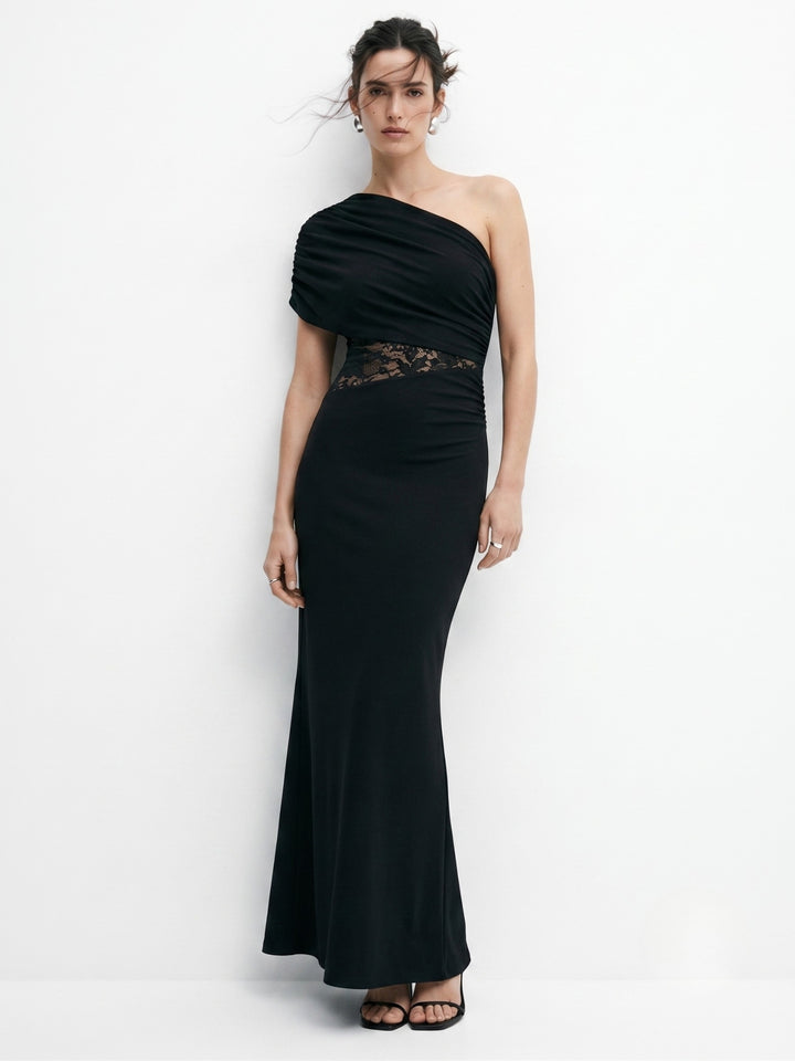 Black One Shoulder Lace Detail Dress