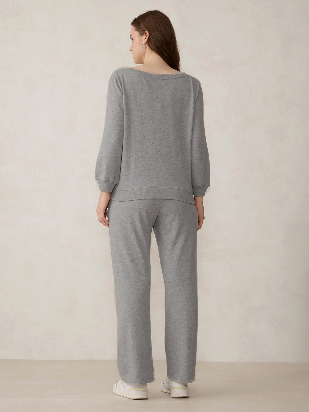 Grey Broad Neck Sweatshirt And Bottom Co-Ord