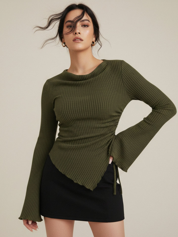 Olive Asymmetric Hem Side Ruched Top