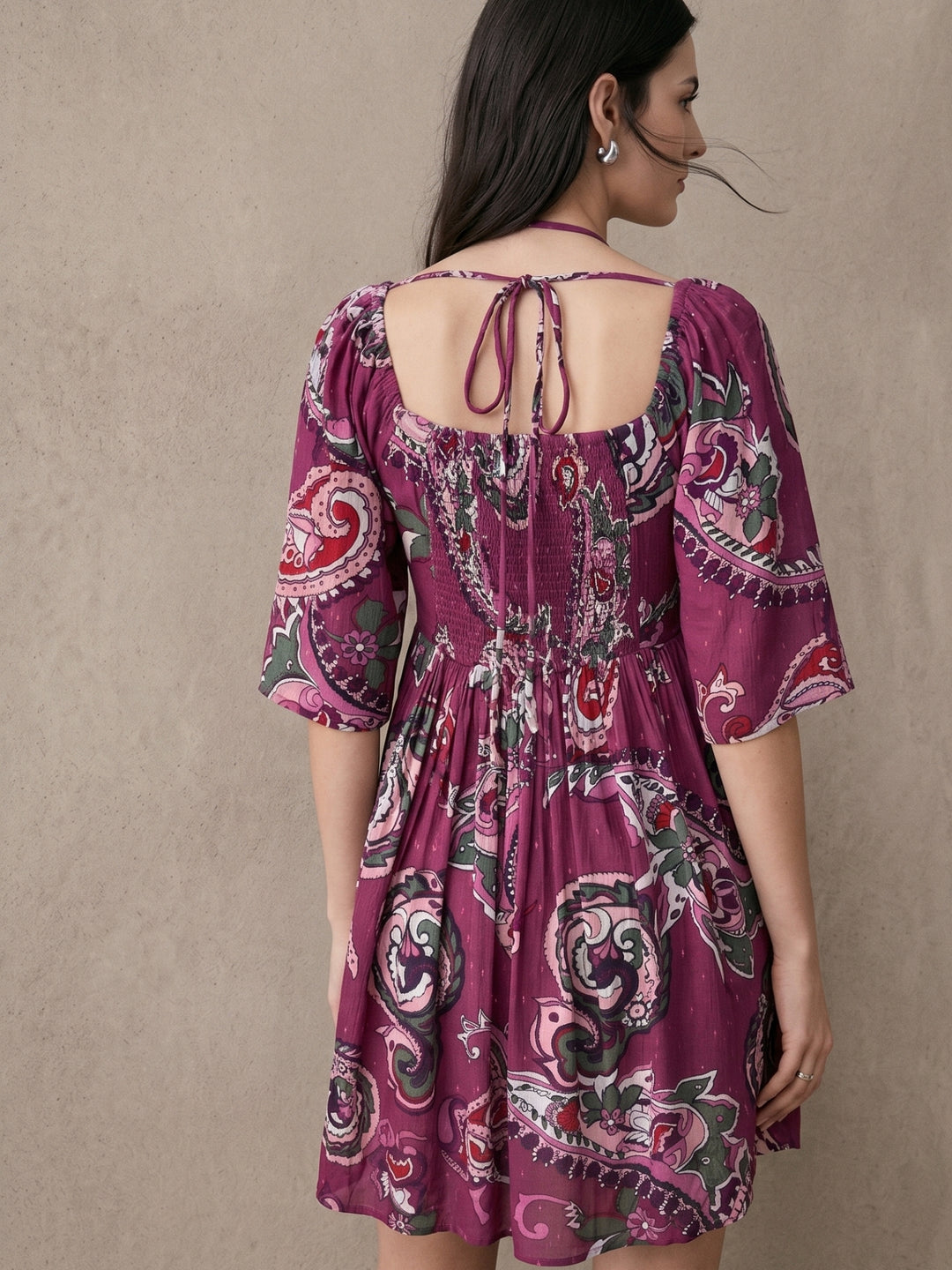 Purple Printed Lurex Mini Dress with Neck Tie