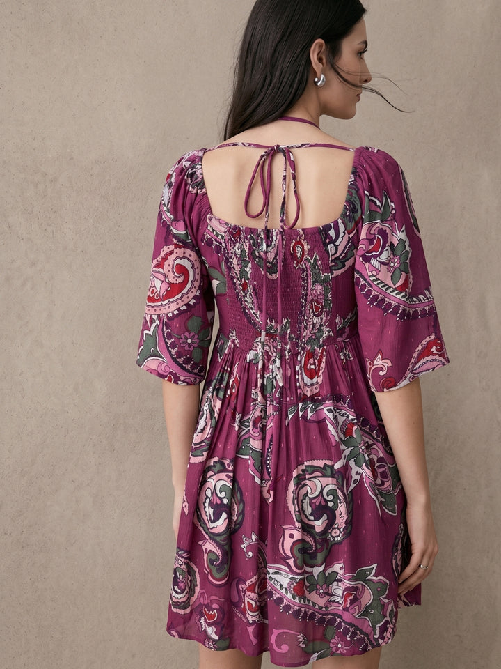 Purple Printed Lurex Mini Dress with Neck Tie