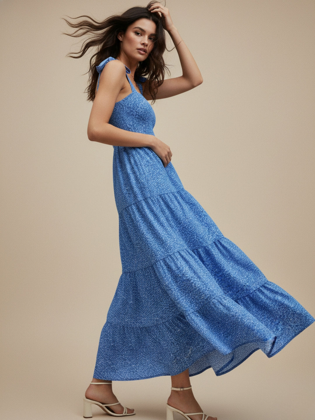 Blue Printed Tie Up Maxi Dress