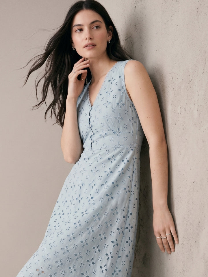Blue Schiffli Embroidered Midi Dress With Lace Detail