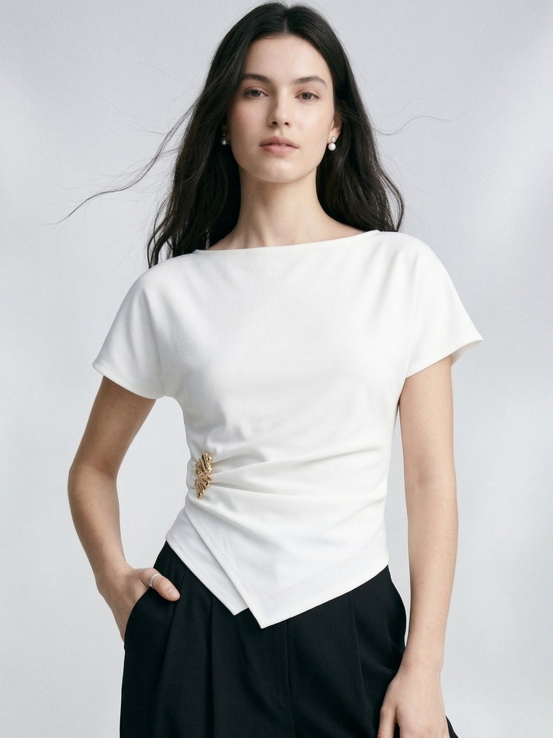 White Boat Neck Side Ruched Top With Metal Trim